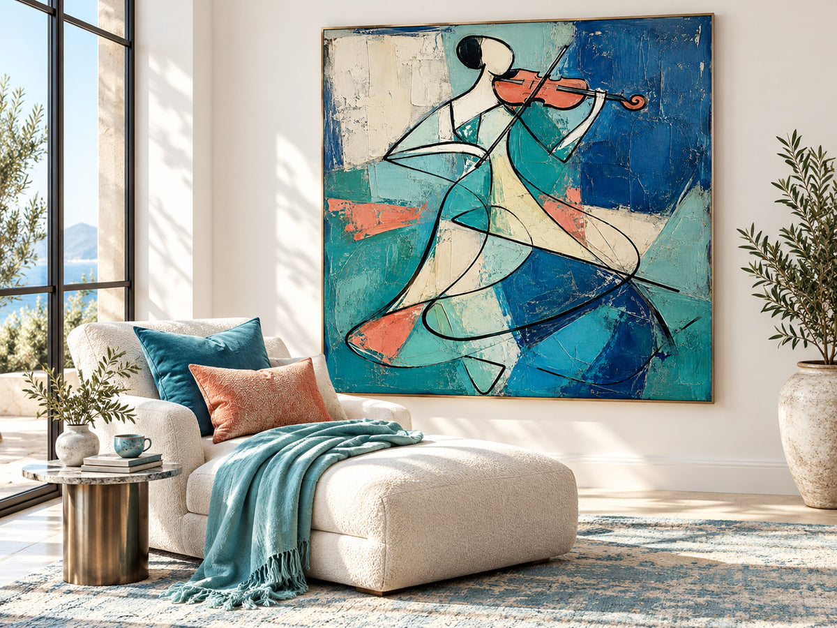 Cubist Style Geometric Abstract Painting With Textured Blue And Orange Tones