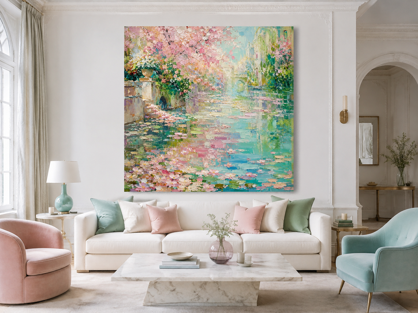Modern Impressionist Style Pink And Green Textured Wall Art With Flowers