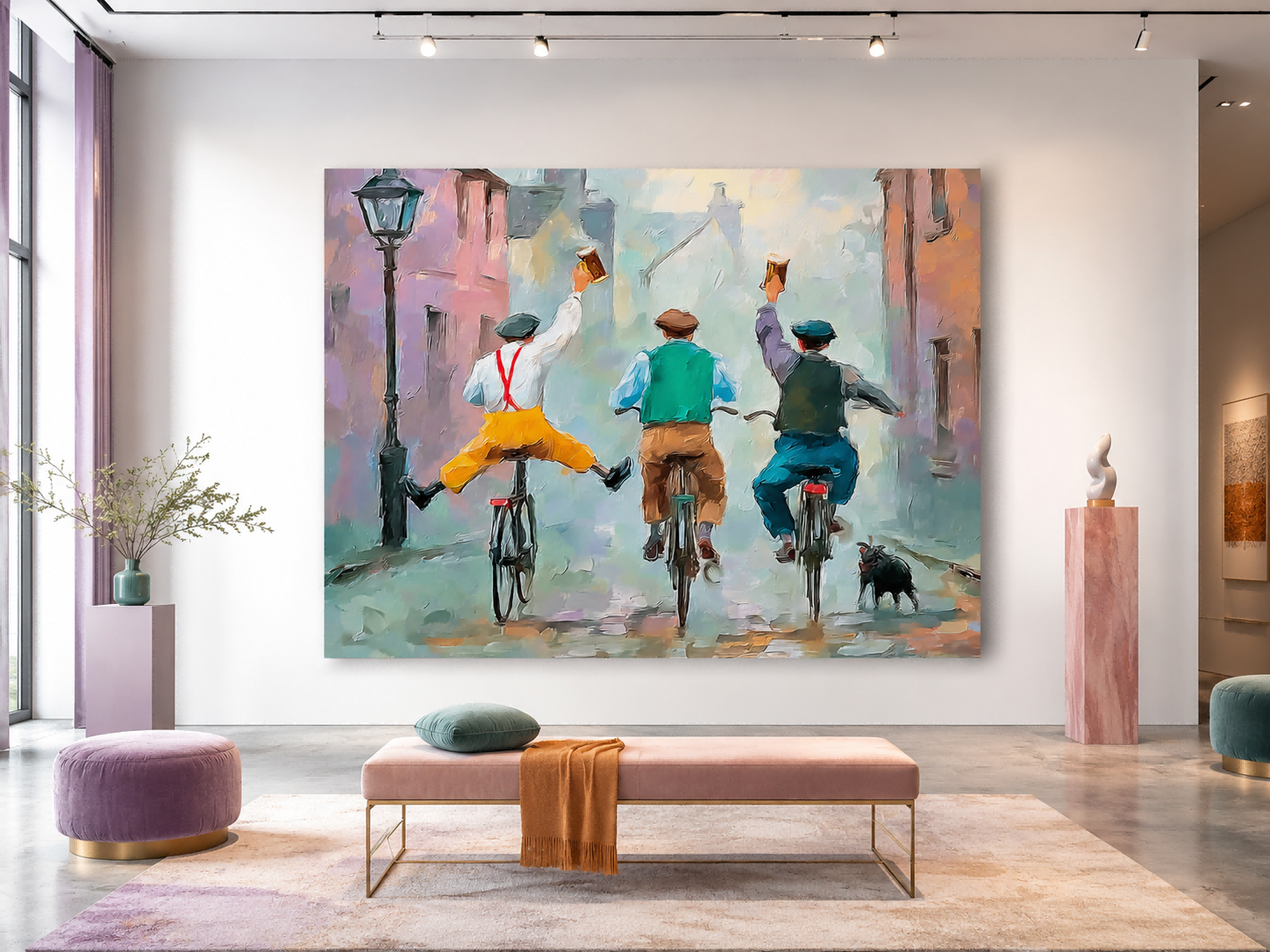 Impressionist Street Scene With Three Men Cycling And Celebrating Vintage Wall Art