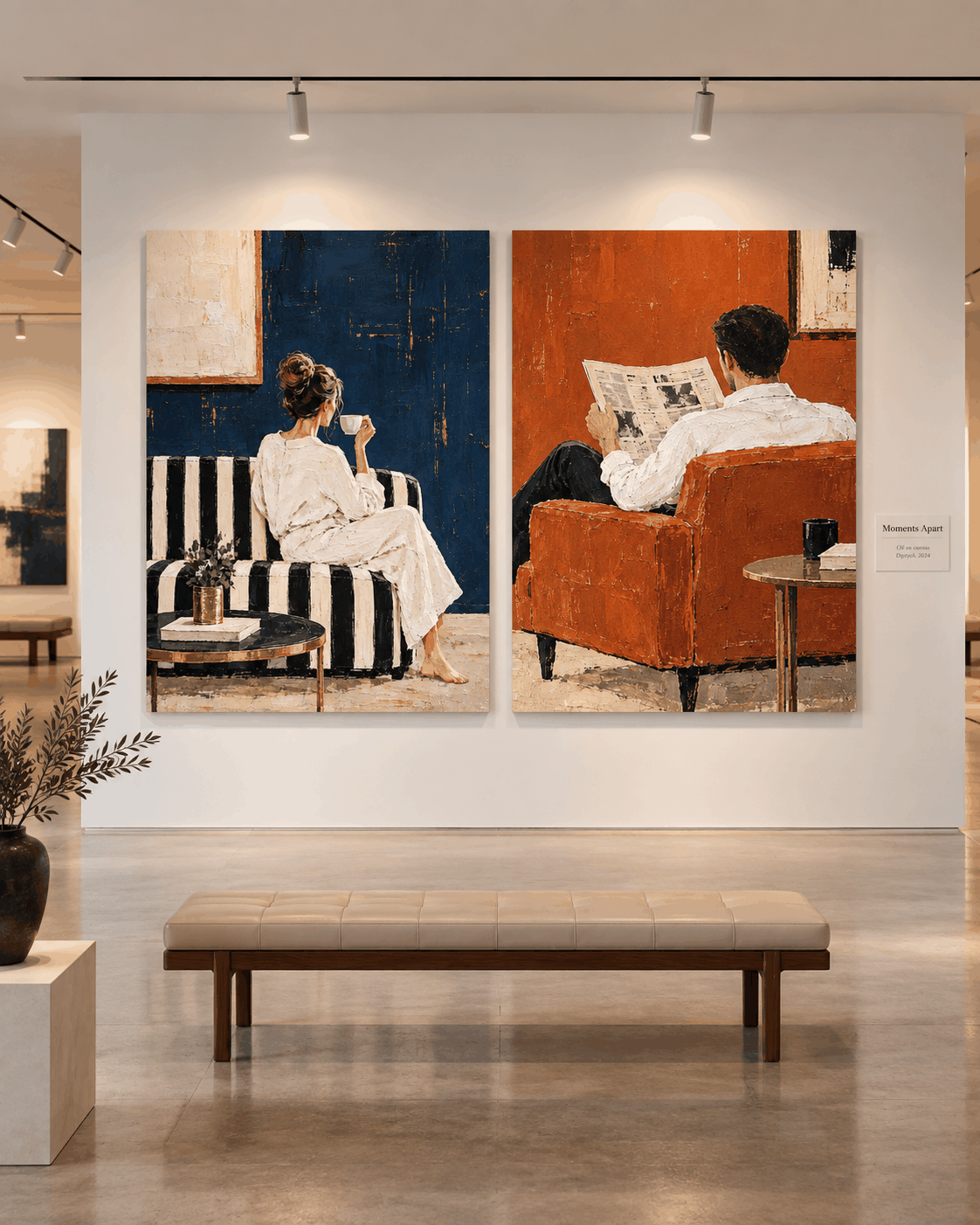Textured Modern Art Diptych Original Handmade Canvas Painting In Blue And Terracotta Couple Wall Art