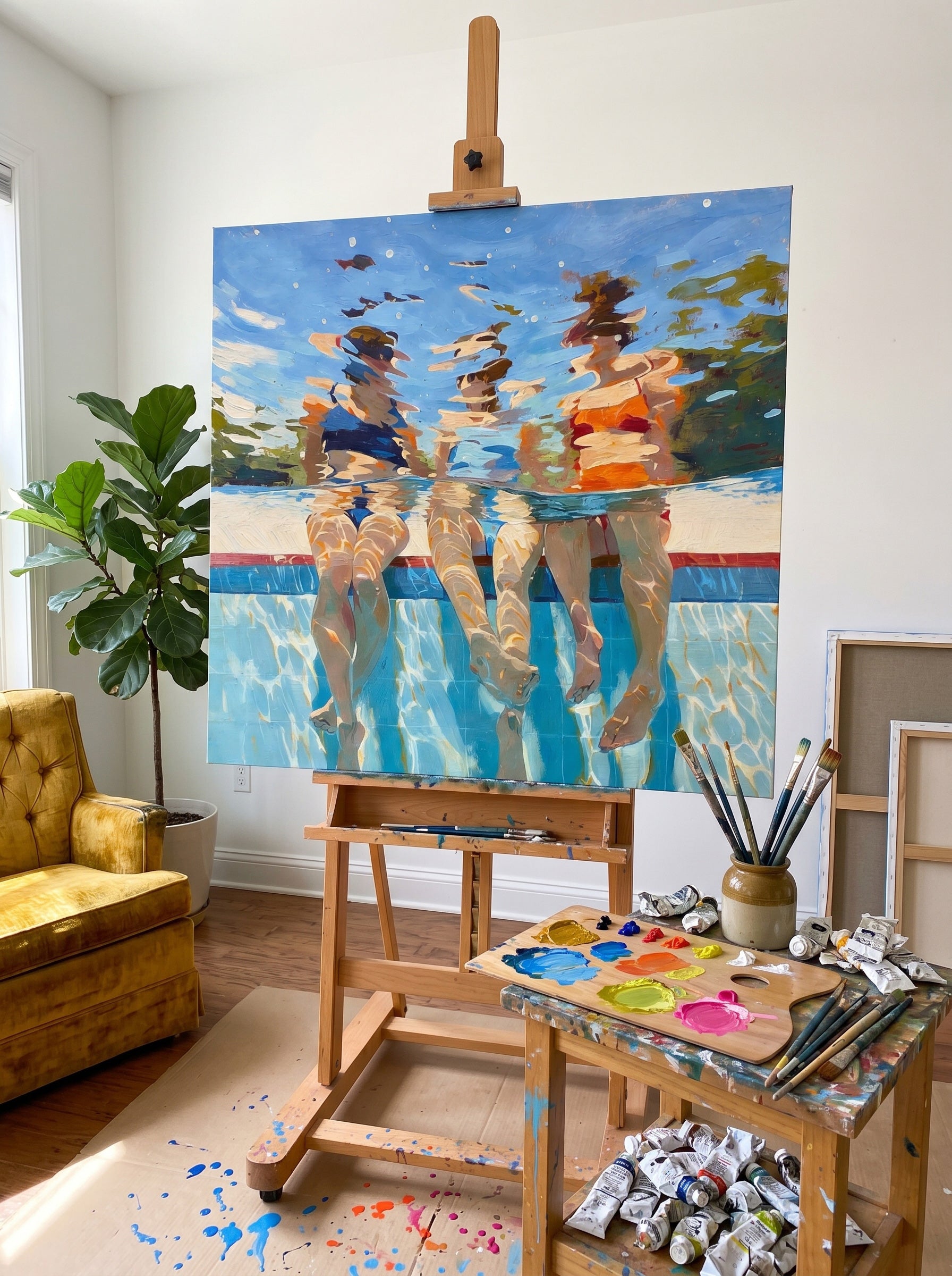 Original Oil Painting Of Underwater Figures With Expressive Light Effects