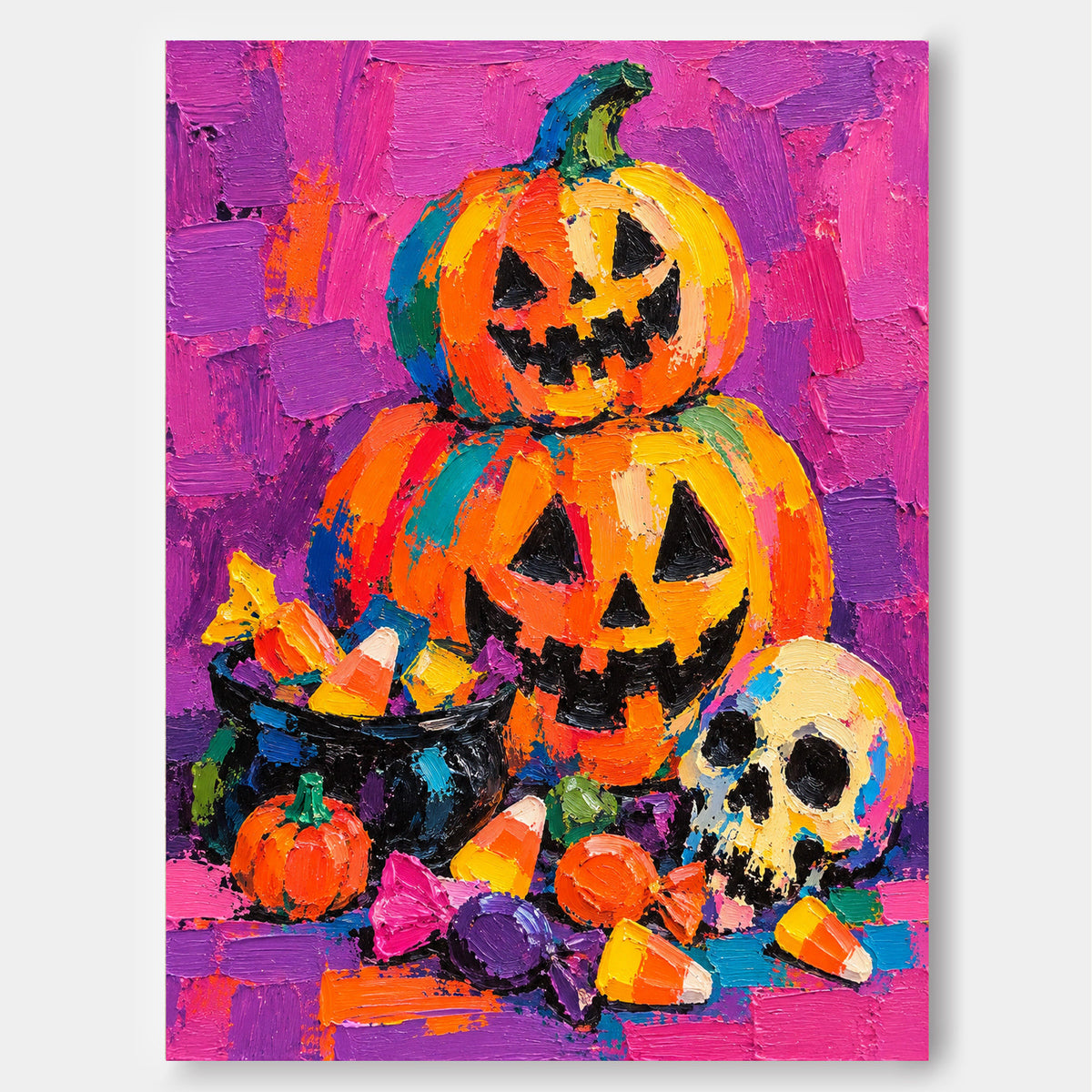 Hand-Painted Halloween Pumpkin And Skull Canvas Art With Candy