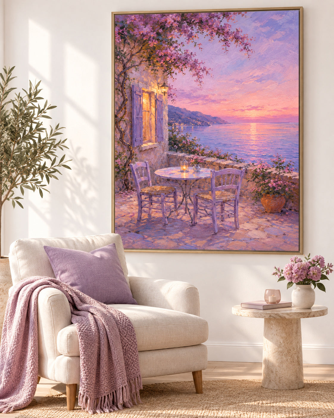 Modern Impressionist Oil Painting Of Dreamy Pink Purple Twilight Seascape