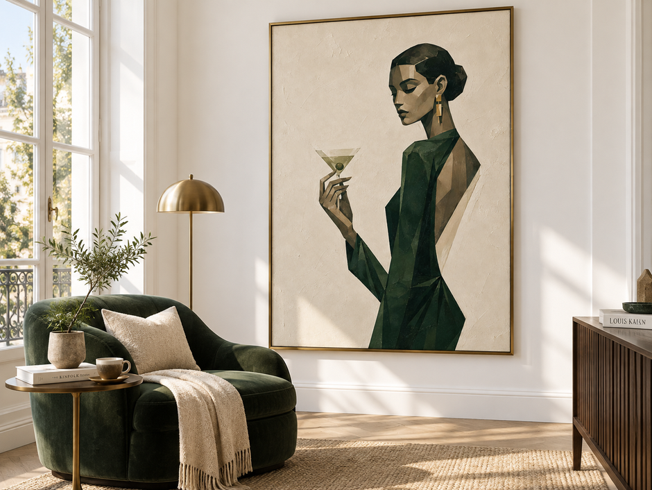 Vintage Woman With Martini Geometric Canvas Painting In Green And Beige