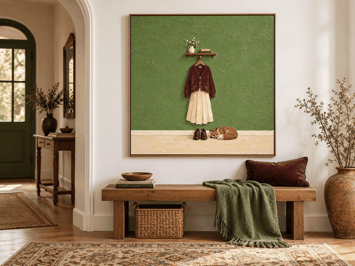 Sleeping Fox And Burgundy Cardigan Hand-Painted Canvas Art With Green Textured Background