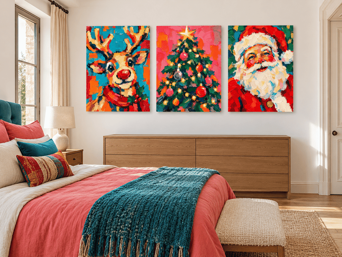 3P Hand-Painted Santa Reindeer Tree Christmas Canvas Art Set