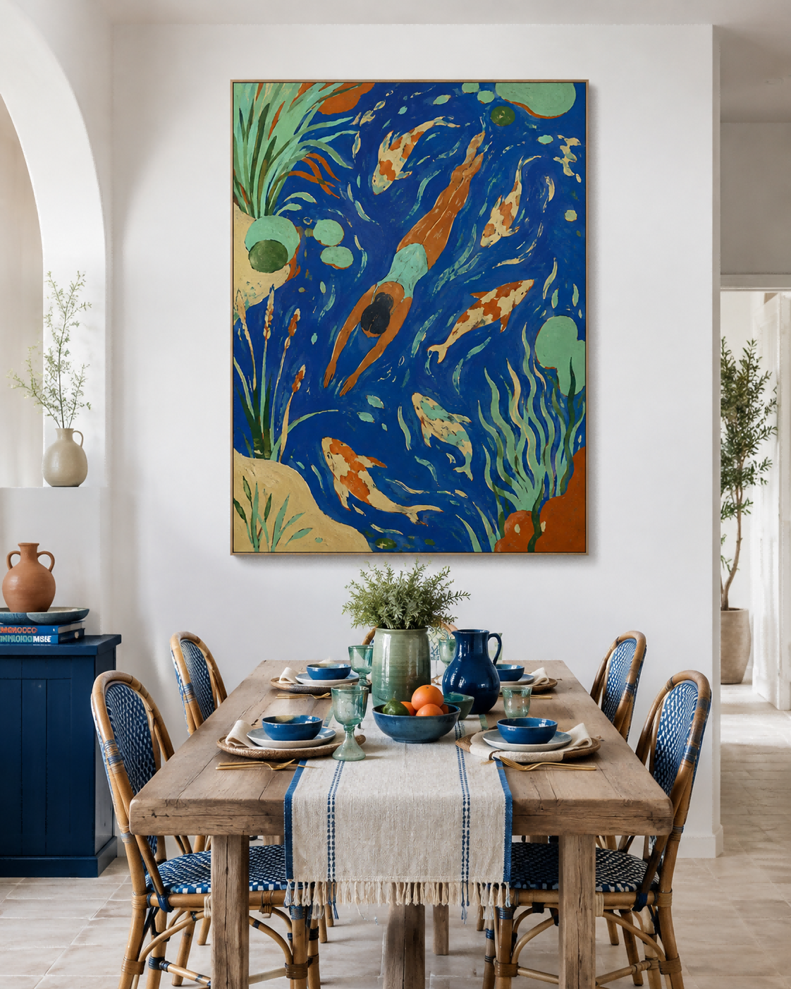 Art Deco Style Swimming Scene Original Canvas Painting With Fish