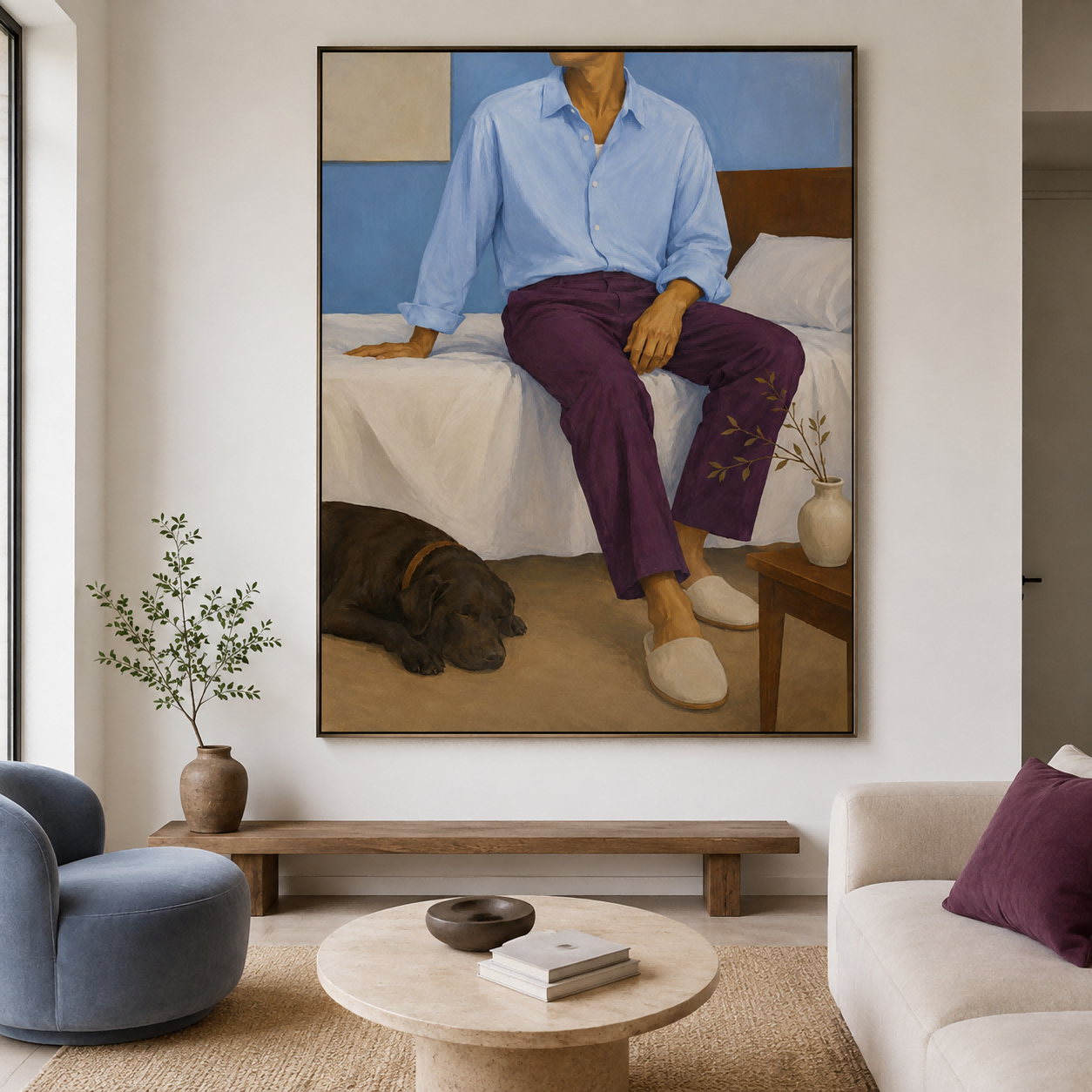 Modern Realist Oil Painting Of Casual Life And Companionship Cozy Bedroom Wall Art With Man And Pet Dog In Blue Tones