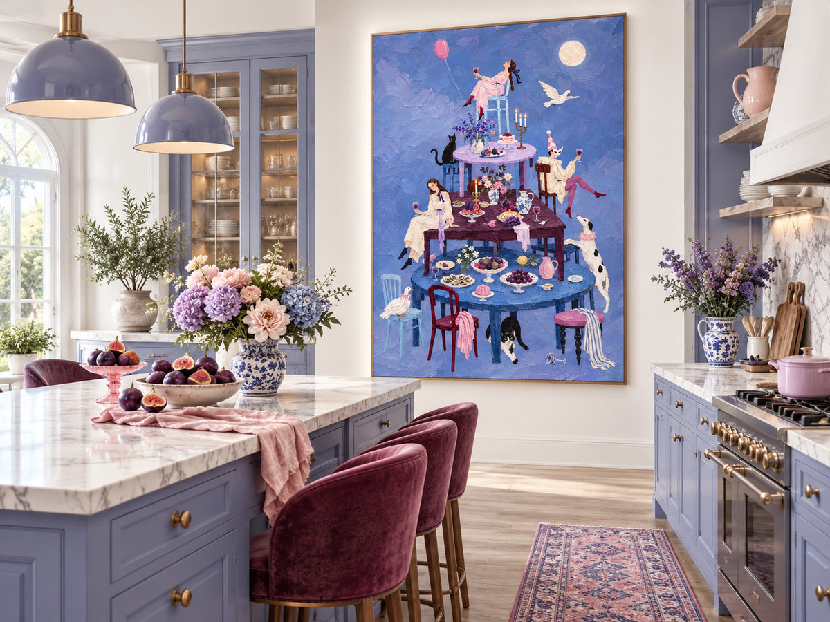 Surreal Moonlit Banquet Hand-Painted Canvas Art With Stacked Tables And Animals Vintage Dining Room Wall Art