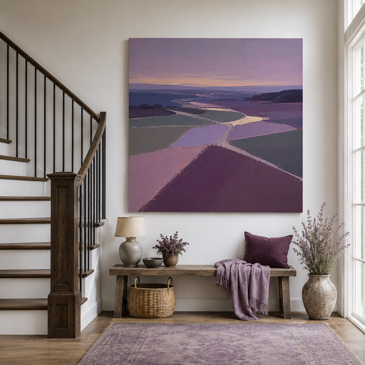 Serene Twilight Purple Field Painting Abstract Geometric Art With Deep Spatial Perspective