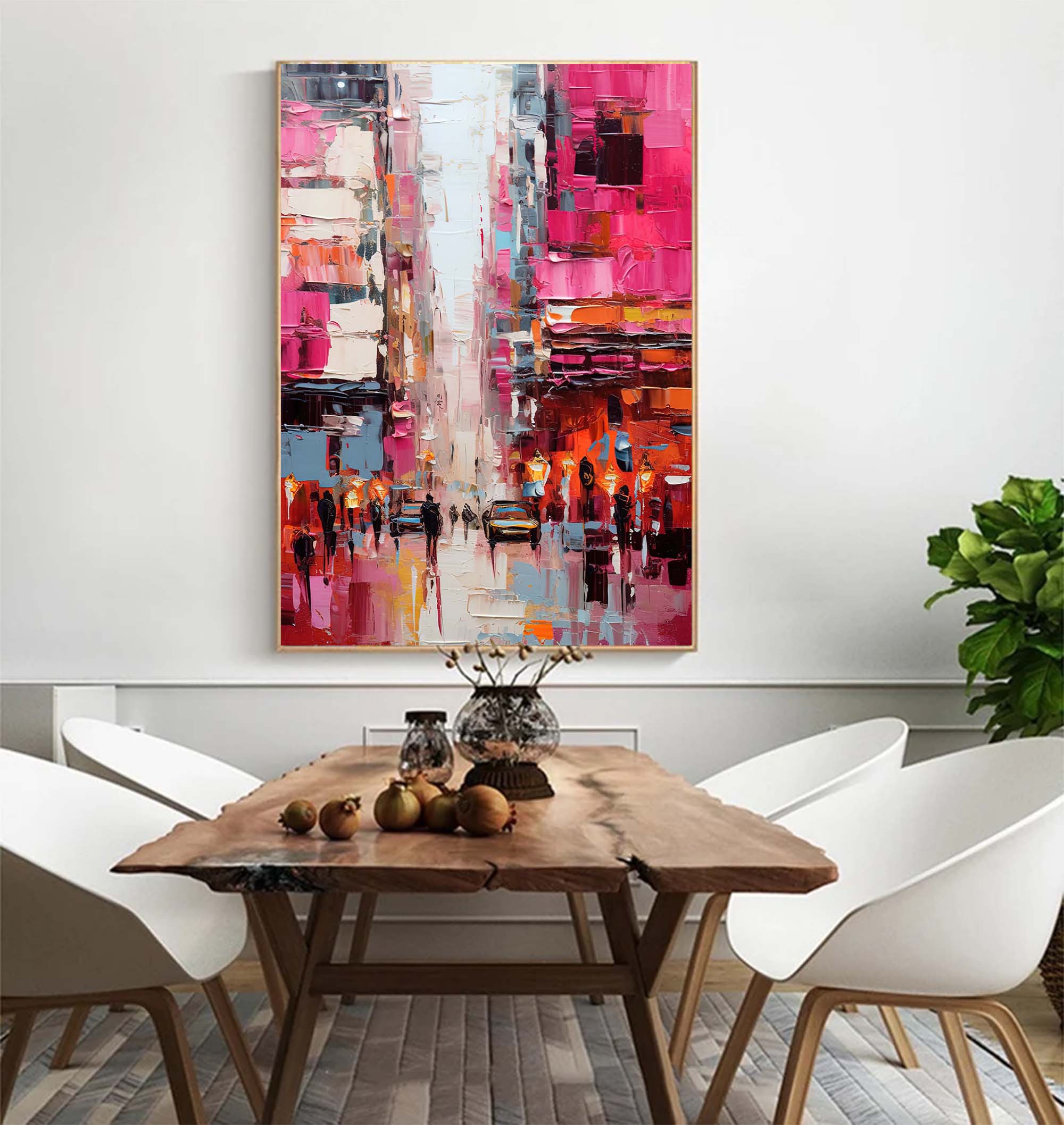 Large Pink Abstract Cityscape Oil Painting On Canvas Original Urban Scene Art Modern Colorful Wall Art Living Room