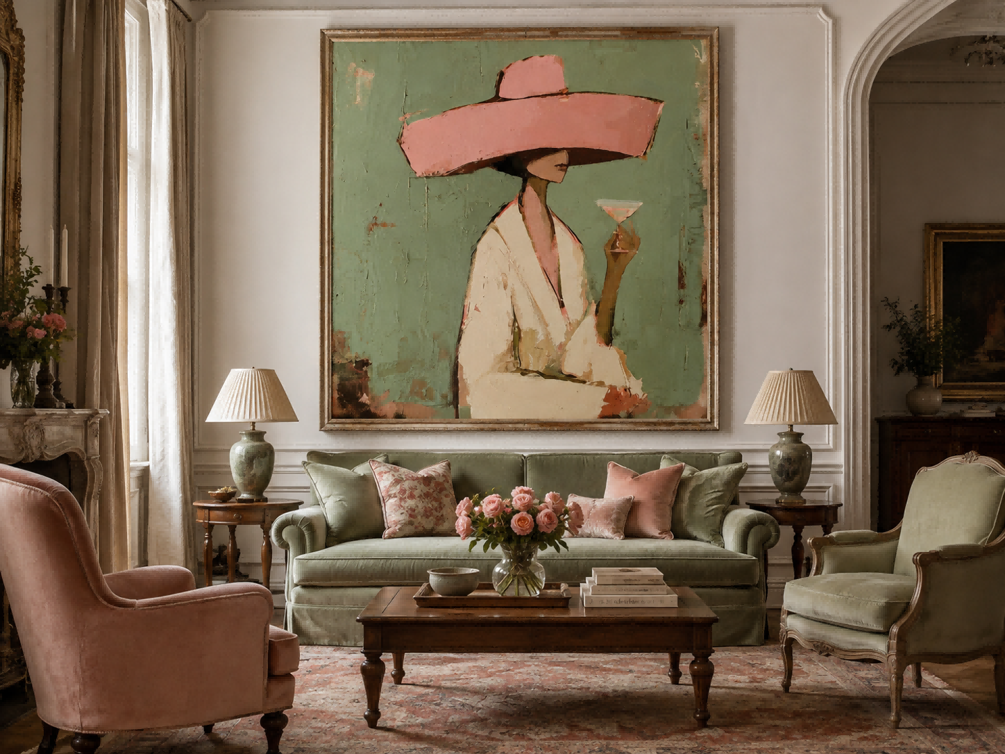 Vintage Minimalist Woman Painting With Pink Hat Green Background For Living Room Decor