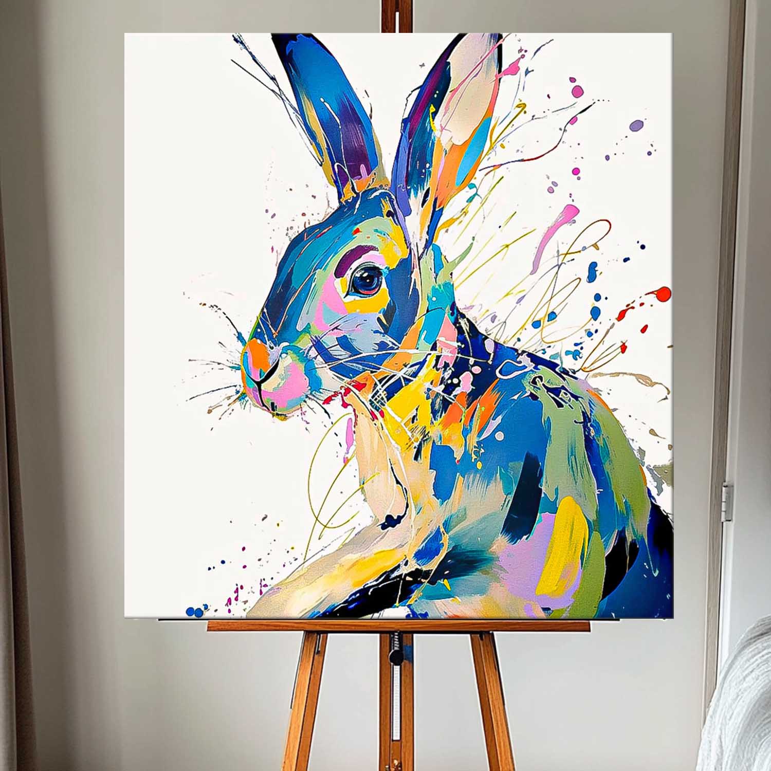 Original Lovely Rabbit Wall Art Square Bunny Oil Painting Canvas Large Colorful Animal Artwork Home Decor
