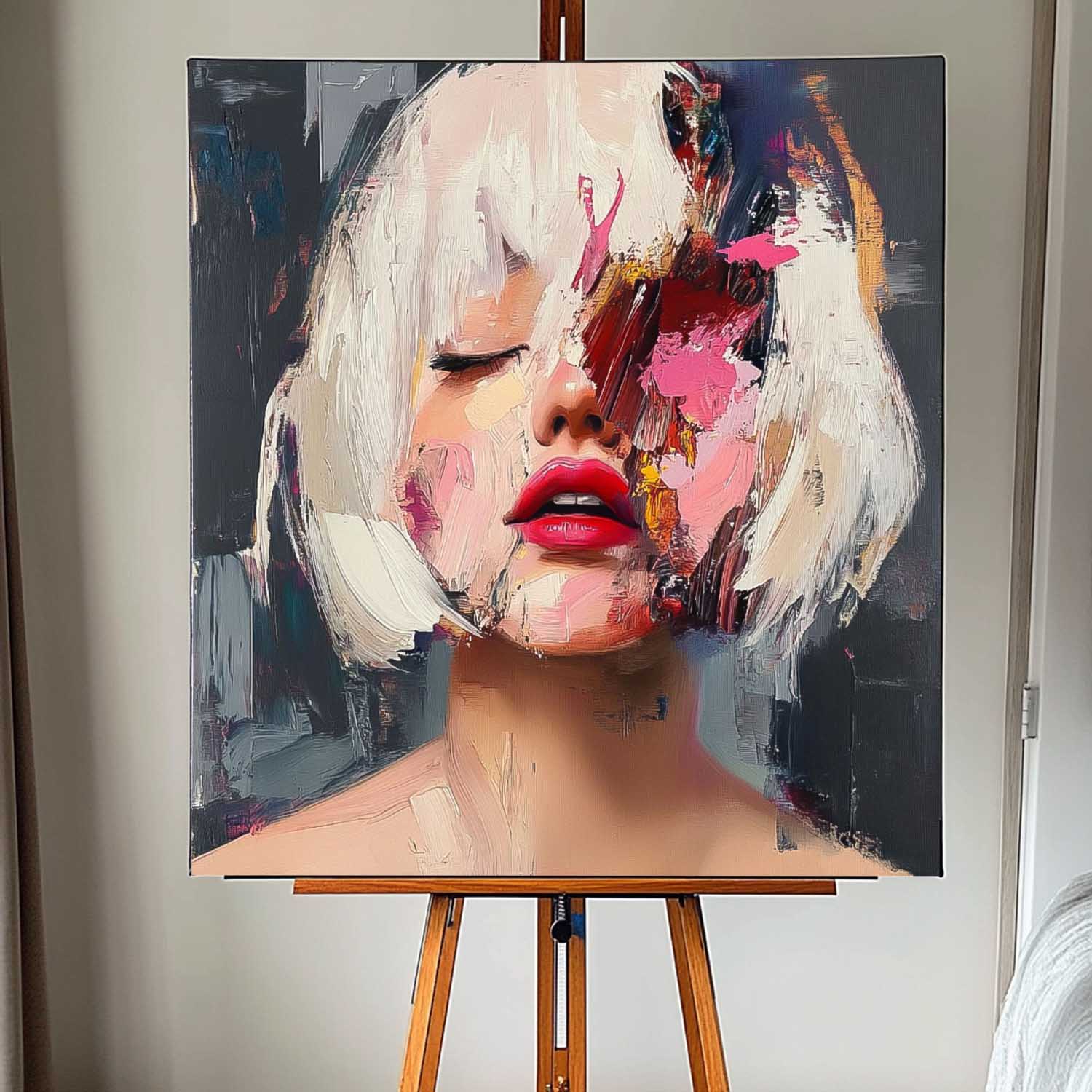 Square Large Short Hair Girl Portrait Artwork Beautiful Lady Abstract Wall Art Origina Acrylic Painting Canvas