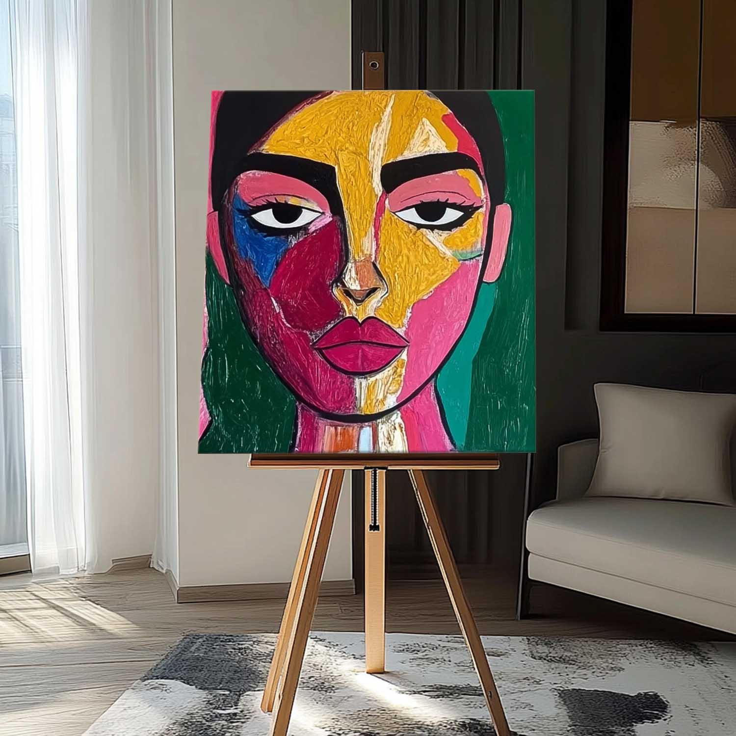 Origina Figure Acrylic Painting Canvas Colorful Face Abstract Wall Art Square Large Portrait Artwork