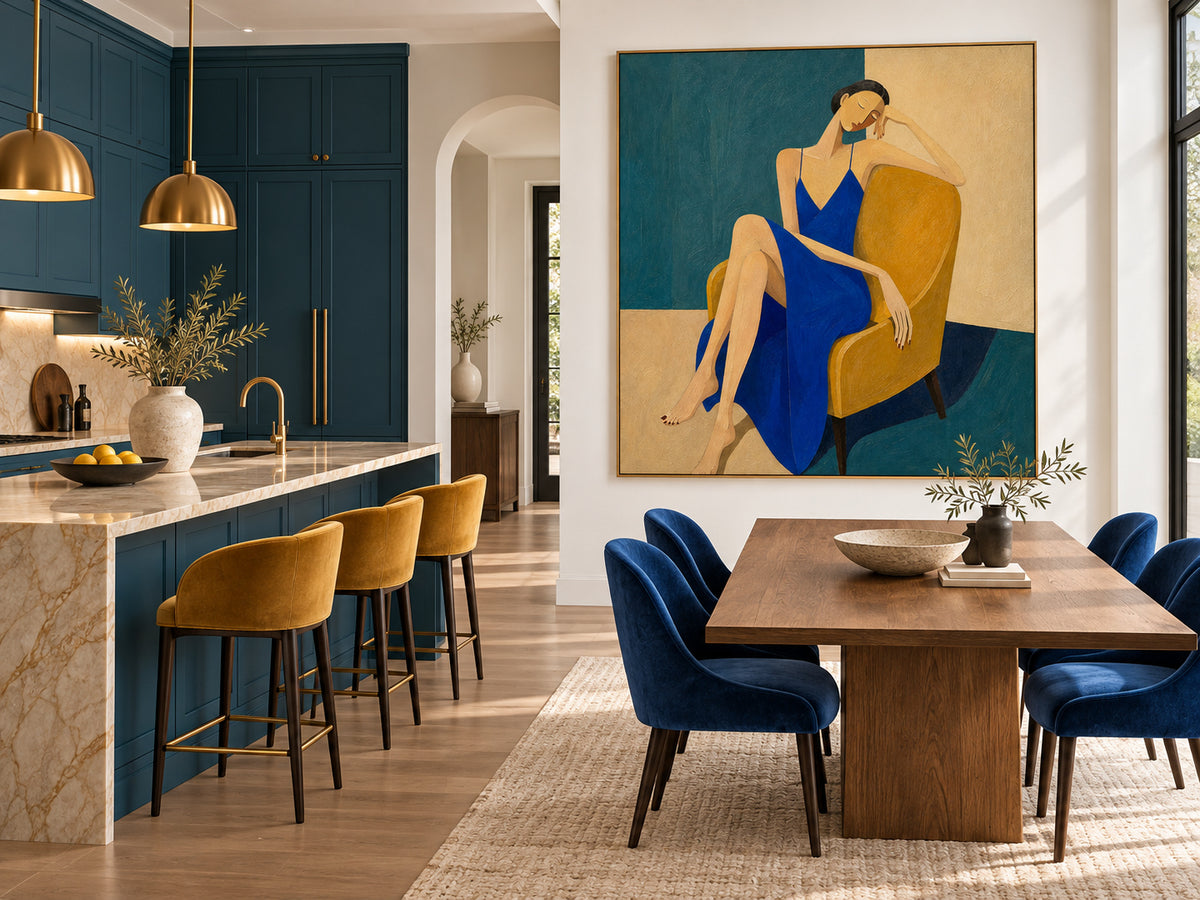 Minimalist Vintage Style Canvas Painting Textured Blue Beige Modern Portrait Art