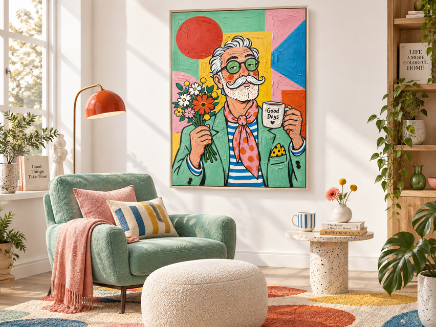 Whimsical Retro Portrait With Textured Brushstrokes Original Art