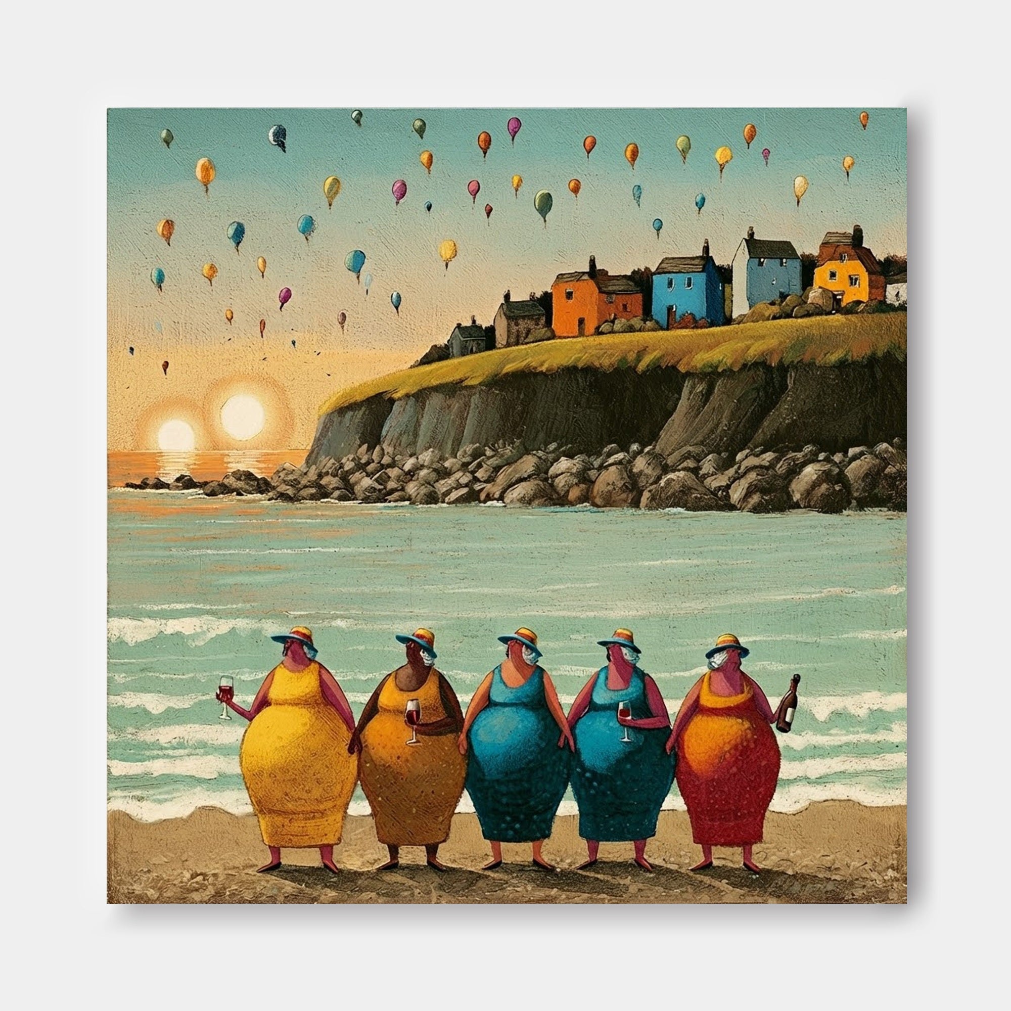 Colorful Women By The Sea Square Canvas Art For Living Room Decor