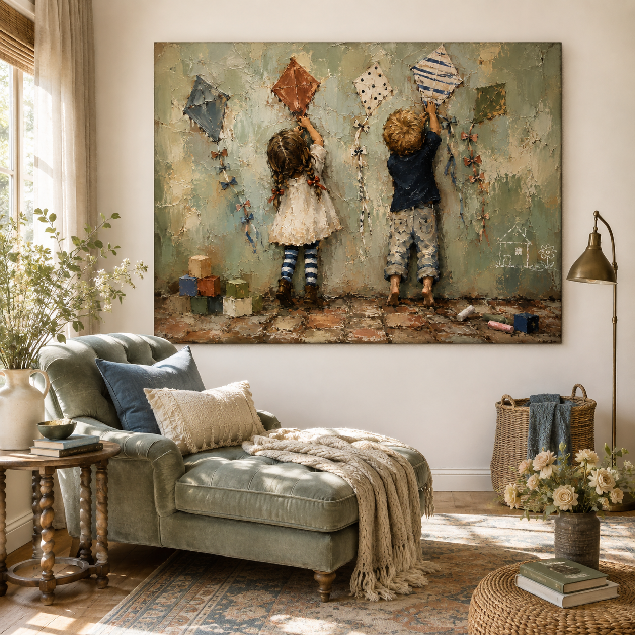 Textured Oil Painting Of Children Drawing Kites In Retro Illustrative Style