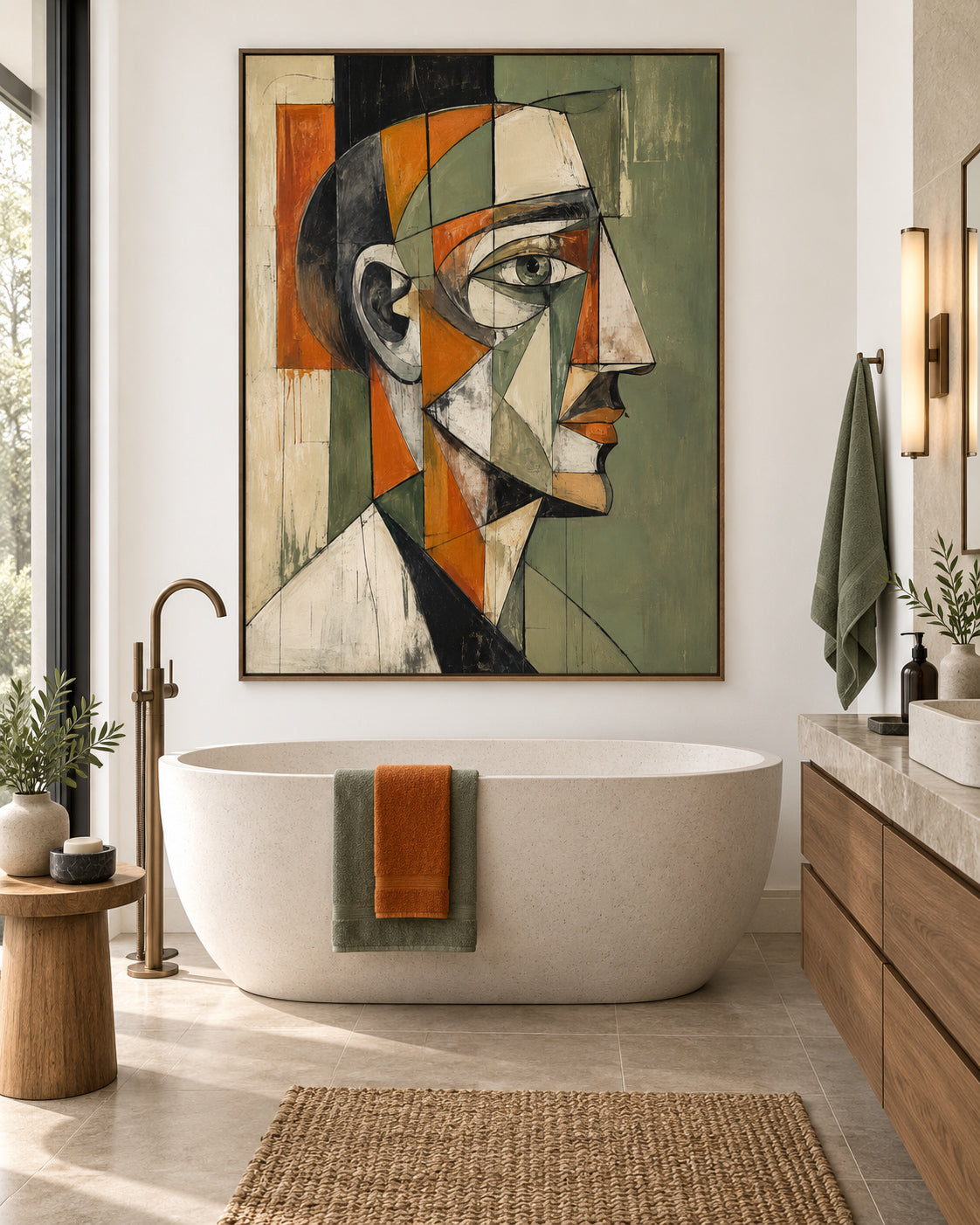 Picasso Style Cubism Artwork Textured Oil Painting Green And Orange Tones