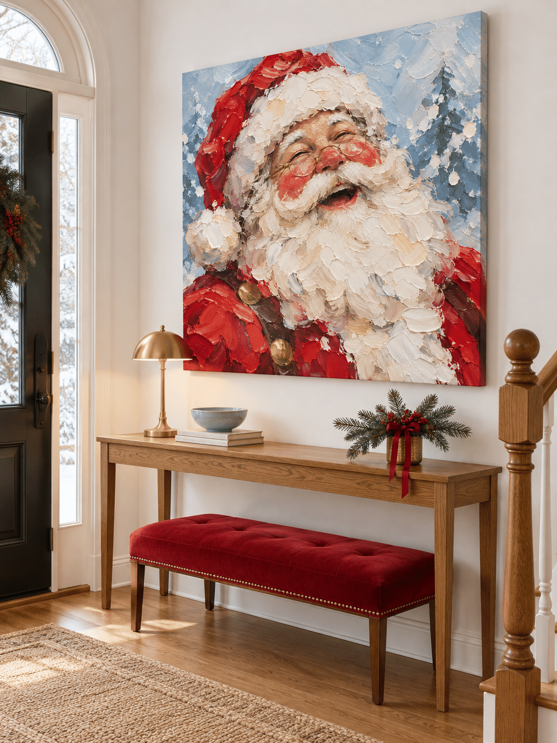 Hand-Painted Laughing Santa Portrait With Textured Red And Blue Canvas Art