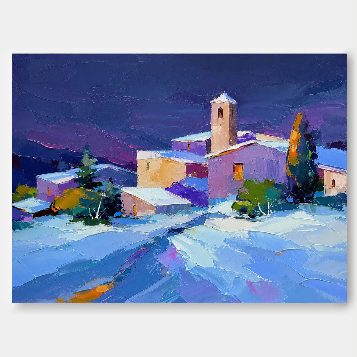 Hand-Painted Snowy Village Landscape Canvas Art With Violet Sky And Warm Lights