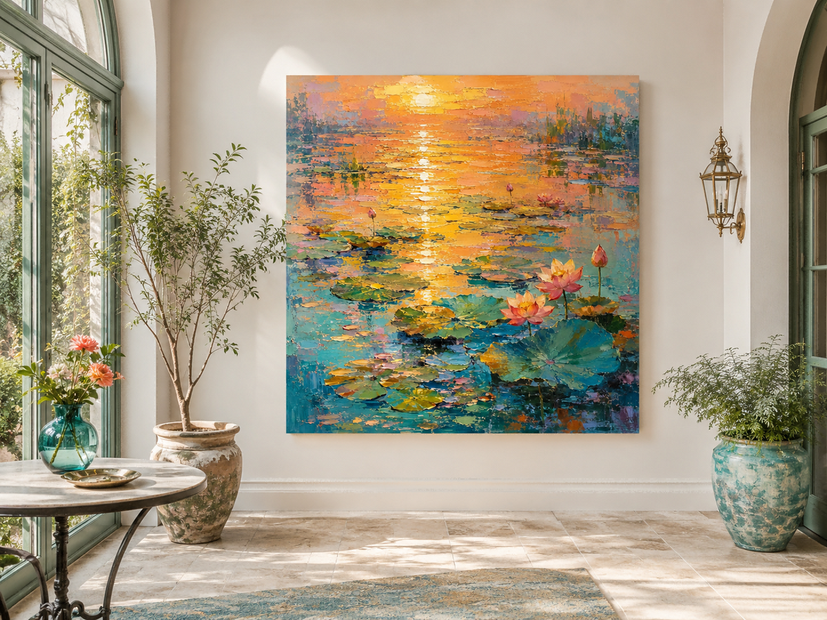 Modern Impressionist Floral Landscape Oil Painting With Gold And Pink Hues
