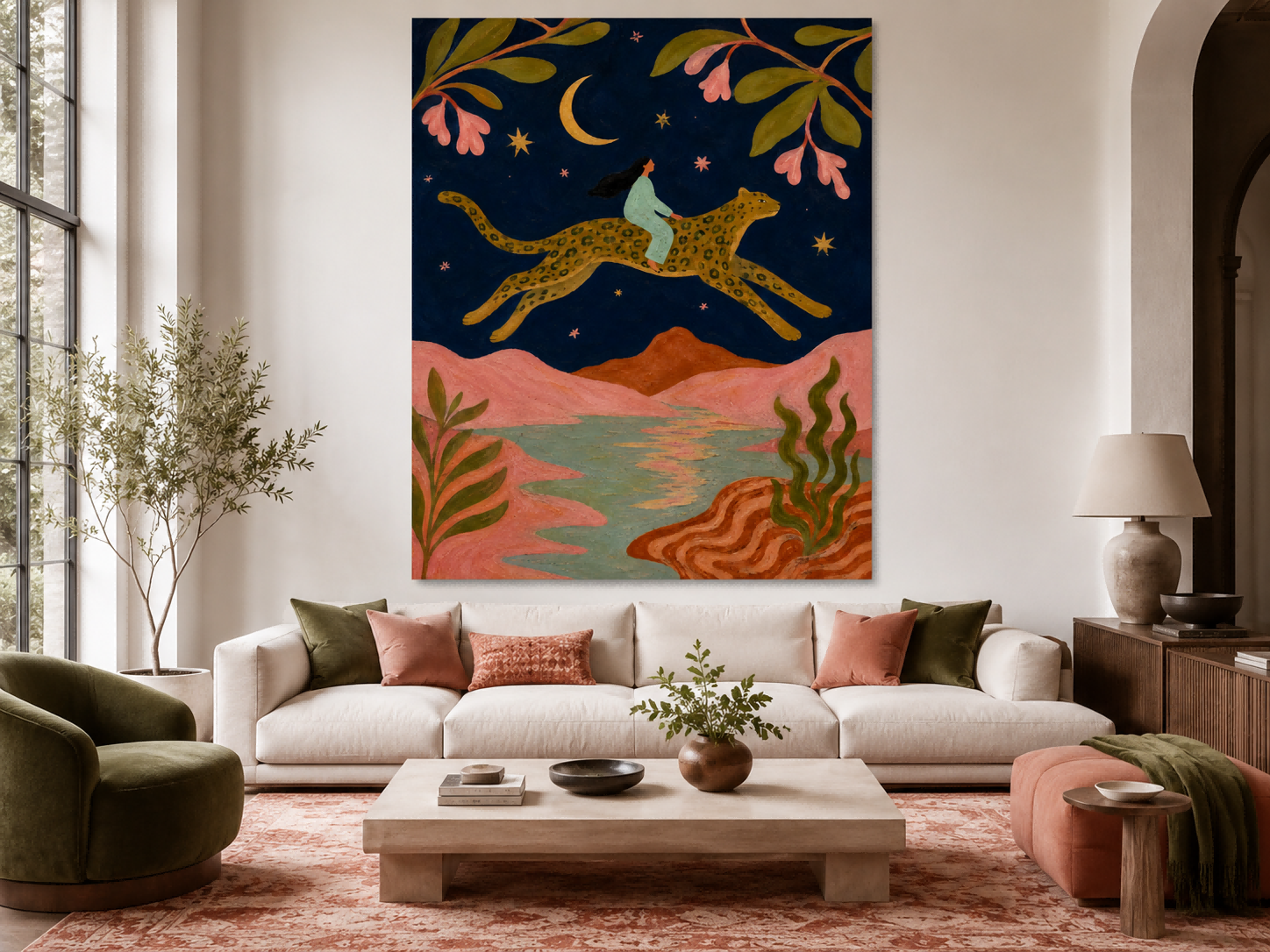 Art Deco Fantasy Painting With Leopard And Floral Motifs Original Canvas Artwork