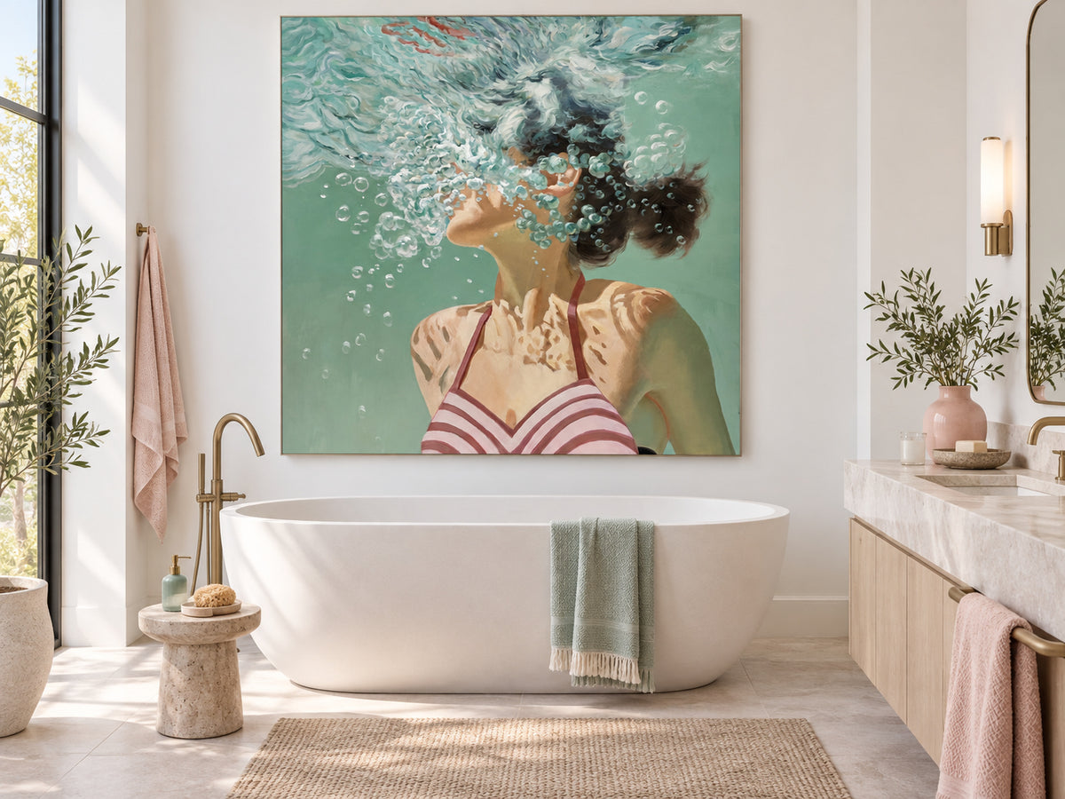 Underwater Swimmer Canvas Painting Hand-Painted Original Art With Bubbles