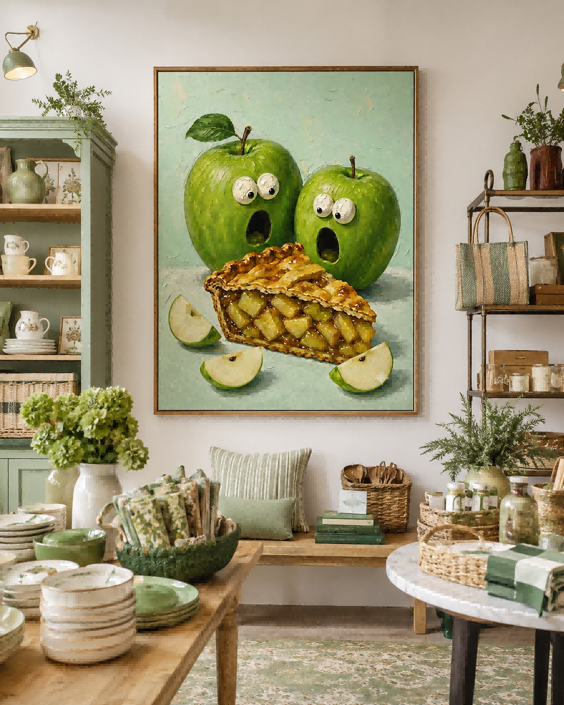 Whimsical Green Apple Pie Painting Abstract Food Art For Modern Kitchen Wall Decor