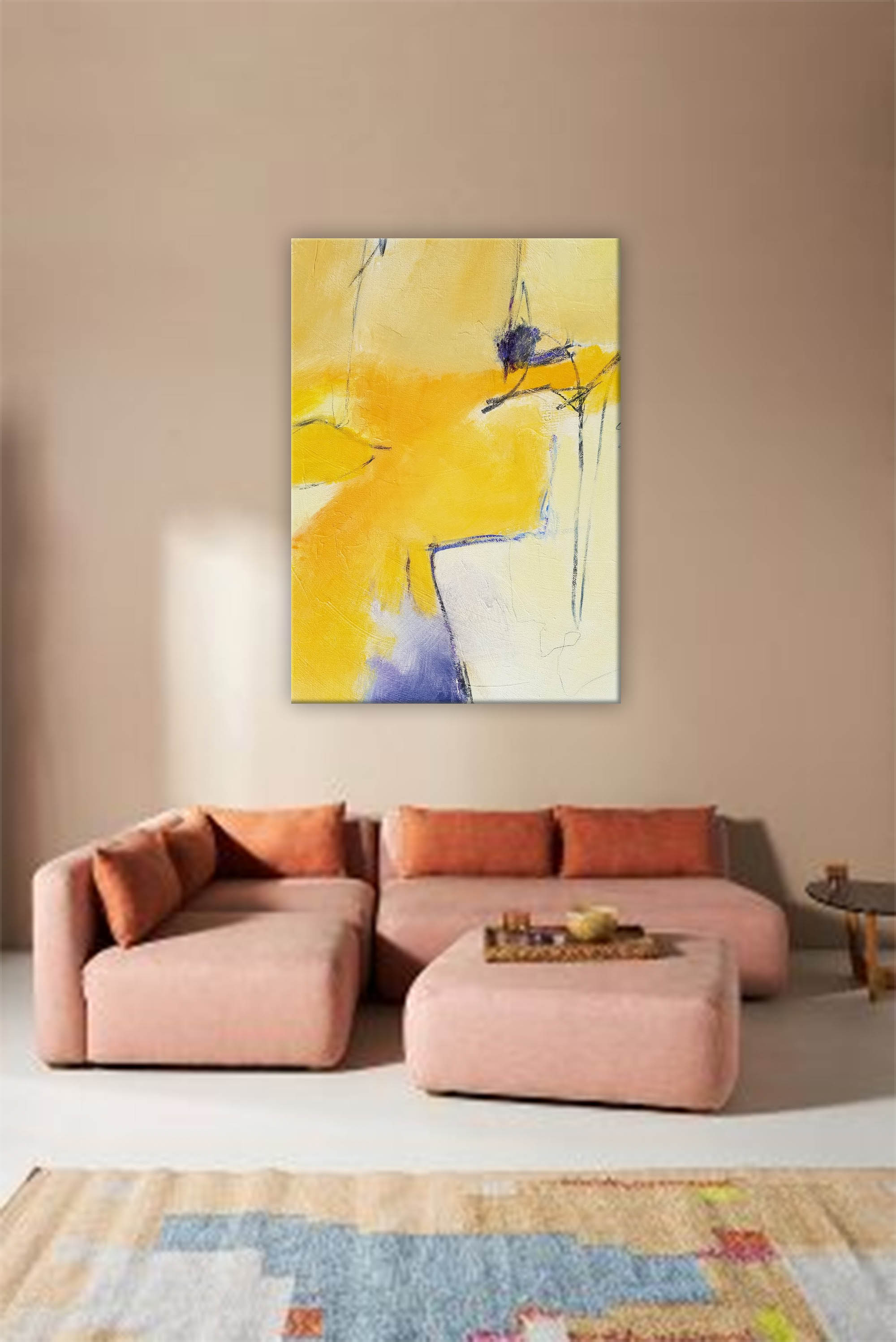 Large Yellow Abstract Canvas Wall Art Vertical Painting Modern Yellow Minimalist Wall Art For Livingroom