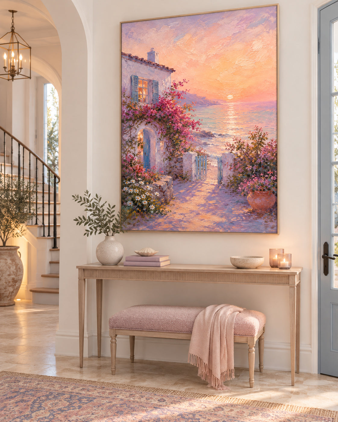 Mediterranean Sunset Cottage Hand-Painted Canvas Art With Pink Flowers