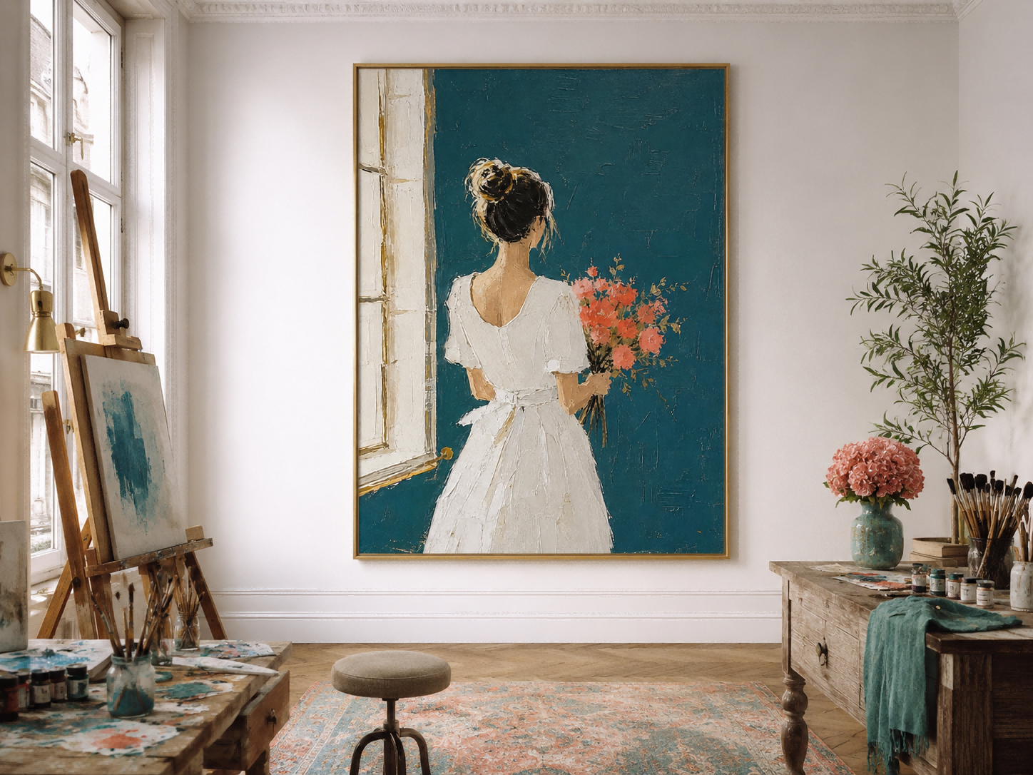 Elegant Minimalist Lady Painting With Flowers In White Dress For Modern Living Room Decor