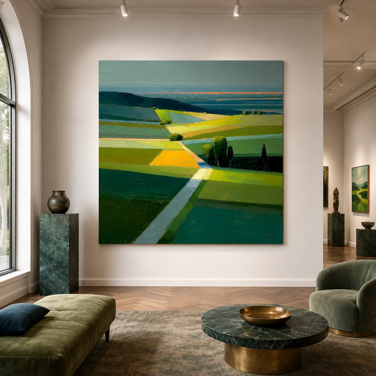 Modern Abstract Landscape Oil Painting With Textured Green And Orange Fields For Contemporary Home Decor