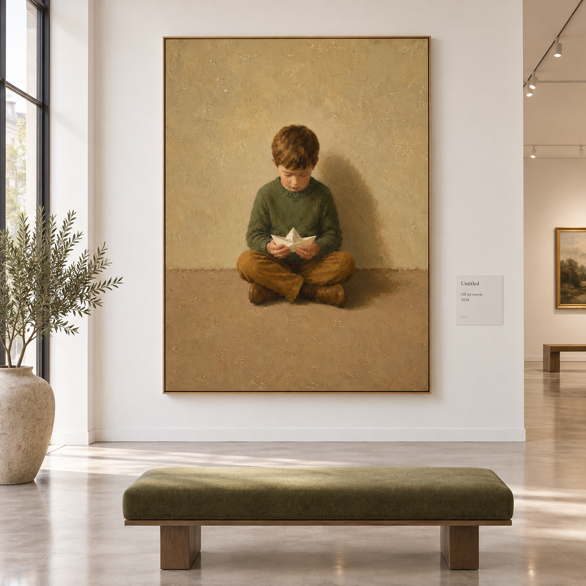 Boy With Paper Boat Hand-Painted Canvas Art In Green And Beige Tones