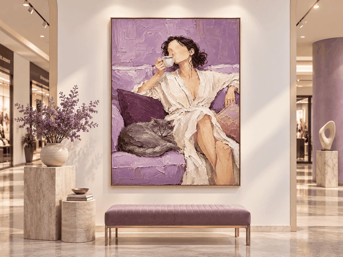 Impressionist Textured Art Vintage Style Purple Canvas Painting Woman With Cat Coffee Hand-Painted Canvas Art