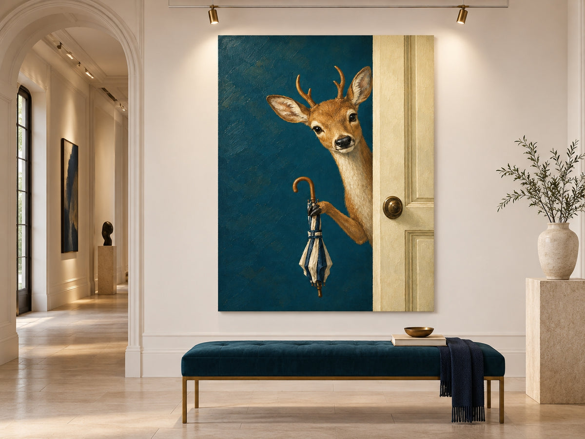 Modern Fantasy Deer Painting Teal Background Handmade Canvas Art