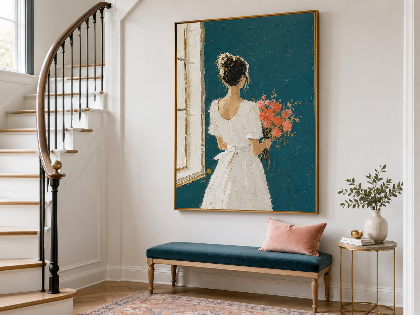 Elegant Minimalist Lady Painting With Flowers In White Dress For Modern Living Room Decor