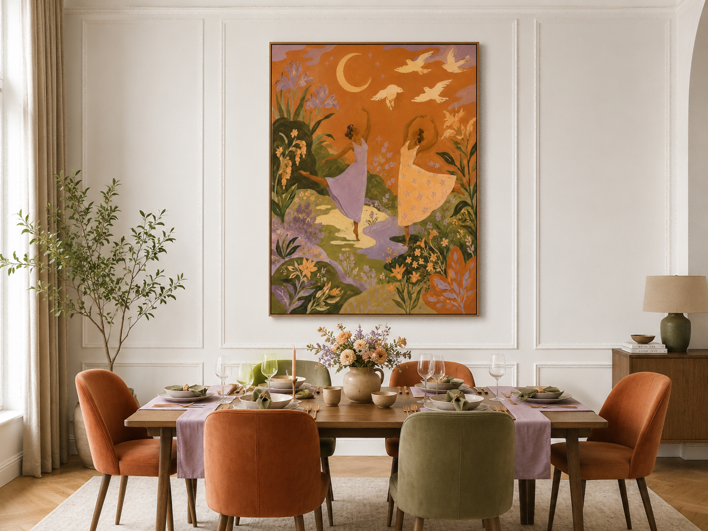 Surreal Night Garden Dance Painting Art Deco Style Handmade Canvas Artwork