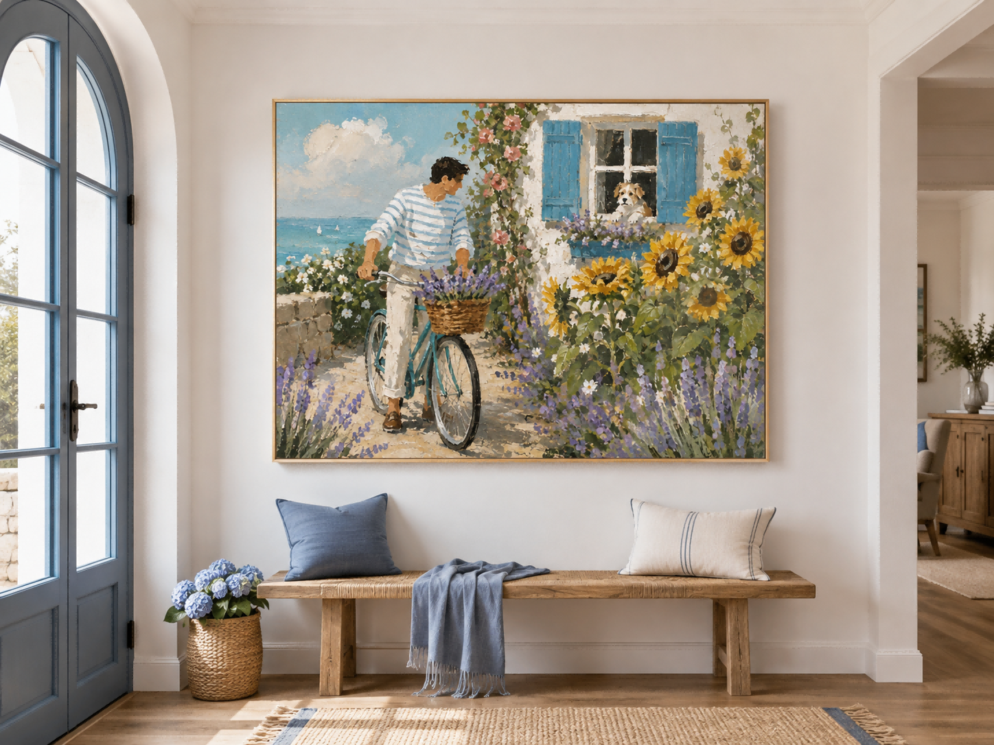Man With Bicycle And Dog Coastal Landscape Hand-Painted Canvas Art
