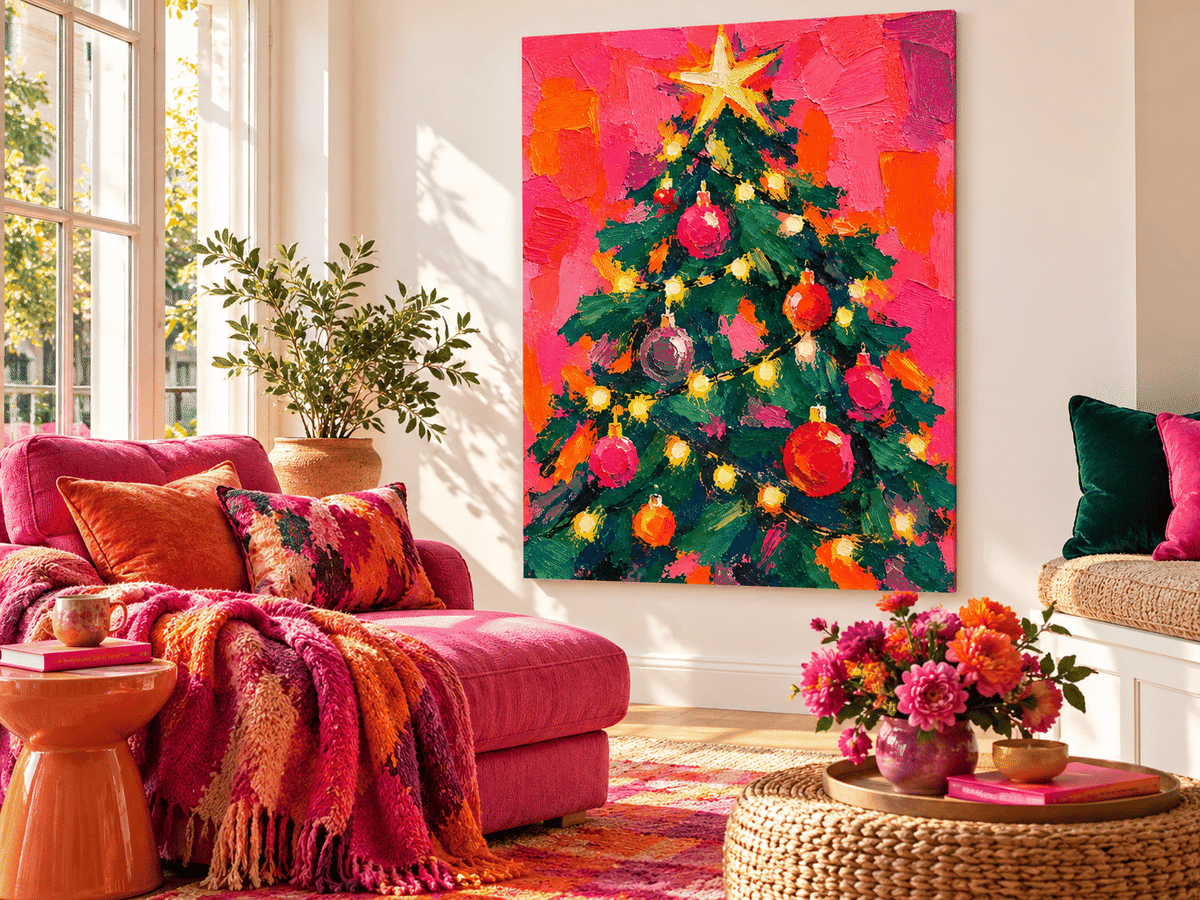 Abstract Christmas Tree Painting Hand-Painted Modern Holiday Wall Art With Star