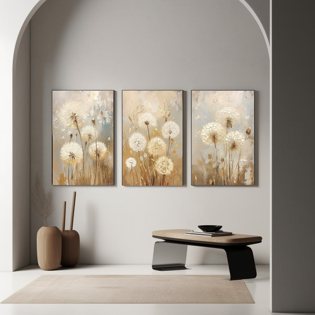 Set of 3 white Dandelion Abstract Oil Paintings Contemporary Flower Canvas Wall Art Floral Spring Artwork