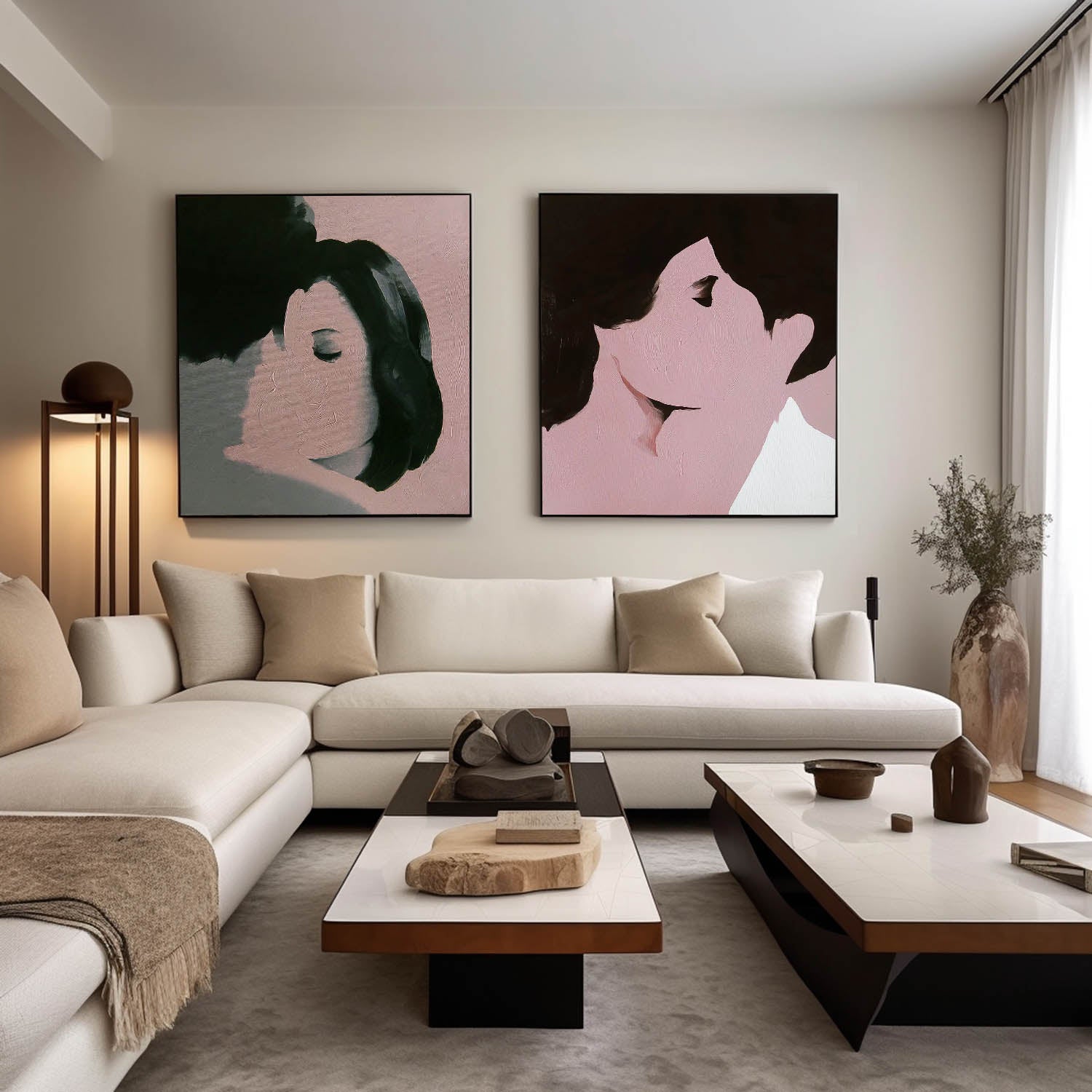 Set of 2 Square Man And Woman Kissing Abstract Wall Art Original Minimalism Painting Canvas Large Artwork