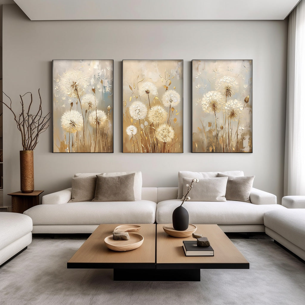 Set of 3 white Dandelion Abstract Oil Paintings Contemporary Flower Canvas Wall Art Floral Spring Artwork