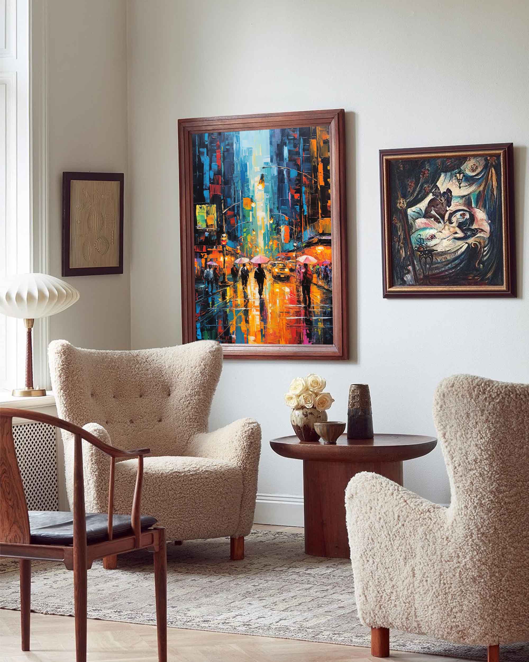 Original Urban Rain Scene oil Painting On Canvas Modern Wall Art Abstract Cityscape Painting Living room Wall Decor
