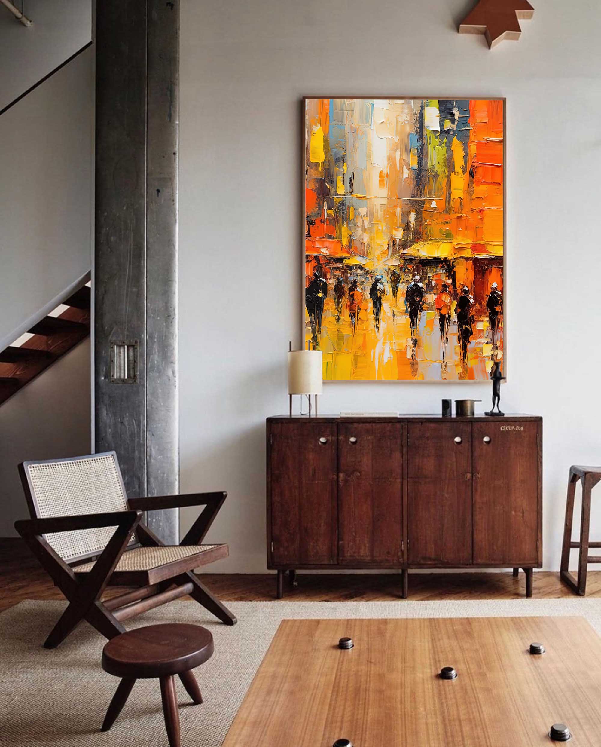 Yellow Abstract Large Cityscape Oil Painting On Canvas Original Urban Scene Art Modern Colorful Wall Art Living Room
