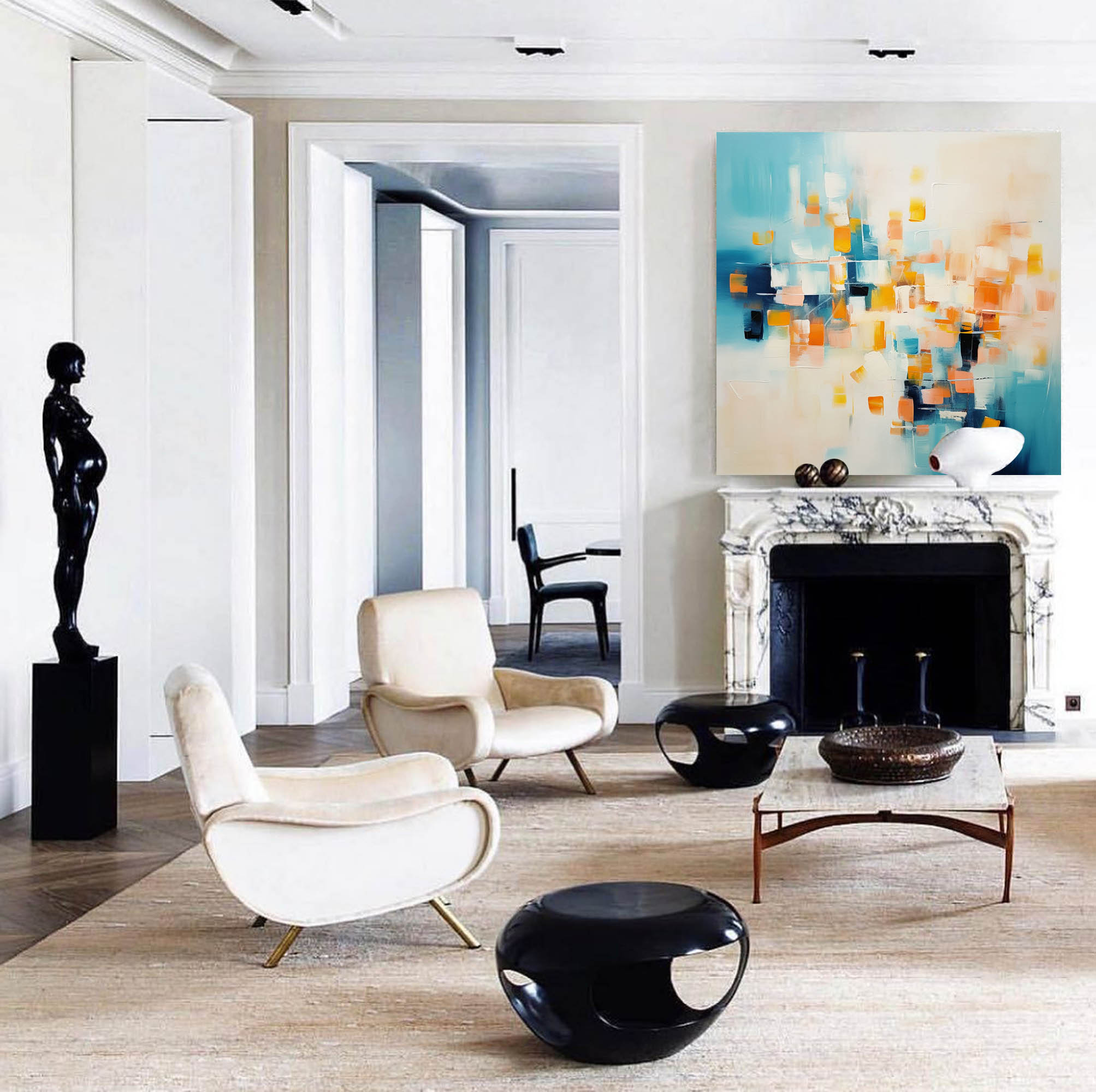 Original Abstract Oil Painting On Canvas Large Blue And Yellow Acrylic Painting Modern Wall Art For Living Room