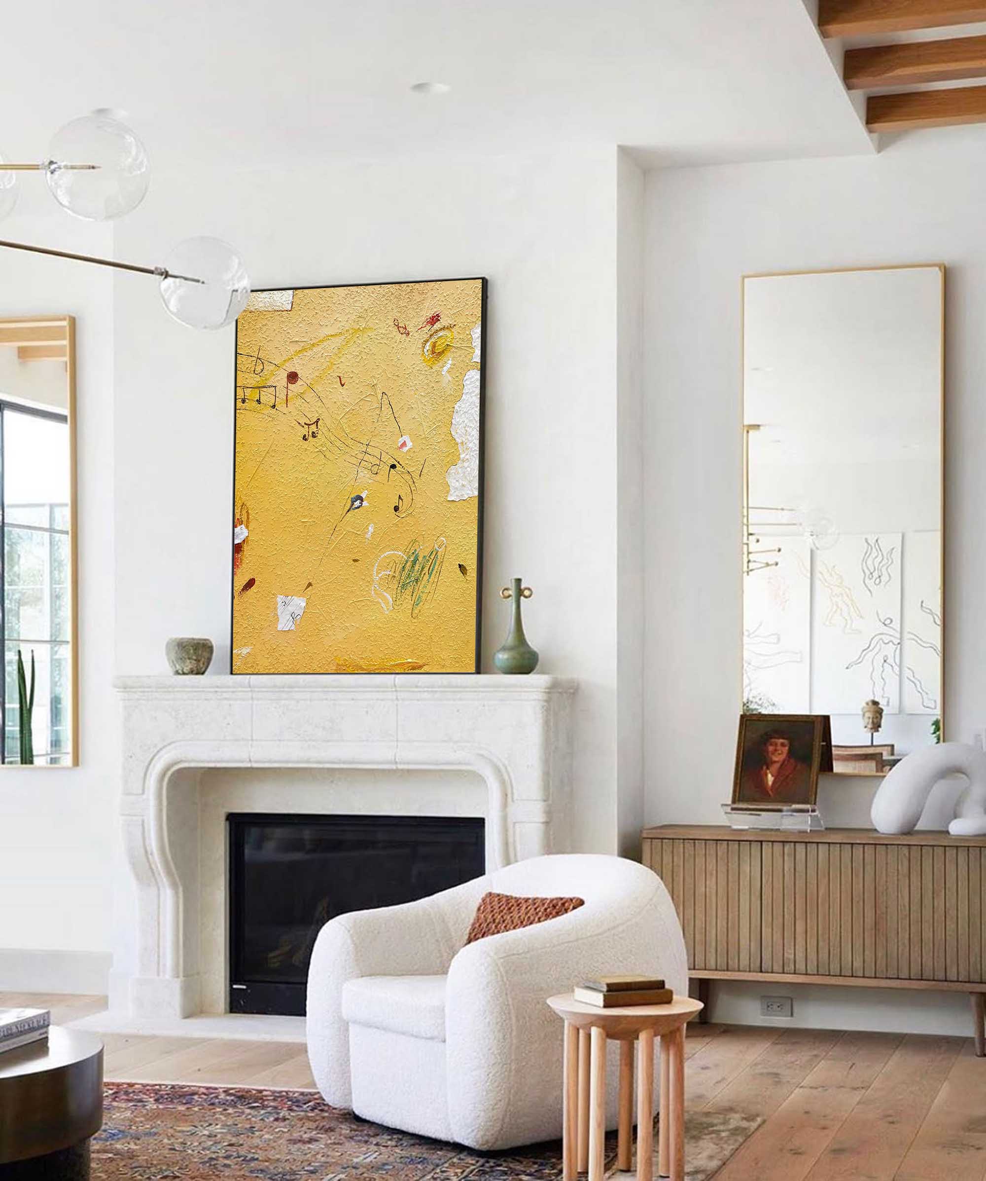 Minimalist Bright Yellow Wall Art Graffiti Painting Yellow Wall Decor Extra Large Minimalist Style Abstract Painting