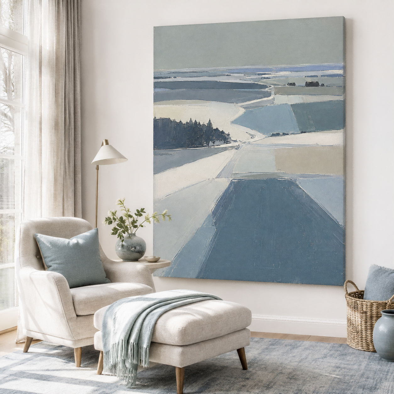 Modern Minimalist Winter Landscape Painting With Ice Blue Tones For Living Room Geometric Abstract Art