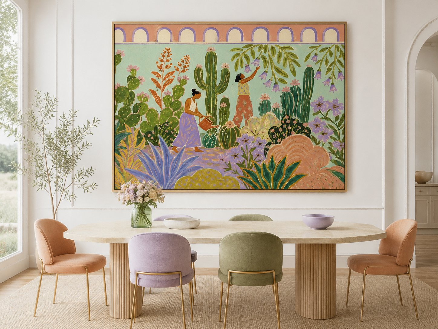 Fantasy Garden With Women Watering Cacti Hand-Painted Canvas Art Colorful Botanical Wall Art For Living Room And Sunroom Decor